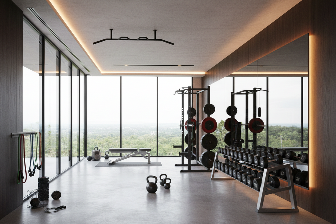 Premium home gym setup with dumbbells, kettlebells and resistance bands